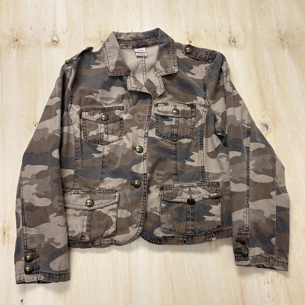 Vintage Y2K Faded Glory Jacket Womens XL 16/18‎ Brown Camo Military Twill Button